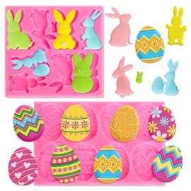Whaline Whaline 2Pcs Easter Fondant Molds Cute Bunny Rabbit 3D Silicone Moulds Colorful Easter Egg Pattern Resin Molds Cupcake Cookie Baking Decorating Moulds for Easter Holiday Spring Party DIY Candy