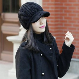 MUGANYI Womens Knitted Visor Beanie Twist Beret Hats Cold Weather Brim Newsboy Cap Black