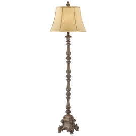 Regency Hill Rustic French Country Traditional Style Floor Lamp Standing 62" Tall Faux Wood Antique Candlestick Beige Silk Fabric Bell Shade Cottage Core Decor for Living Room Reading House Bedroom