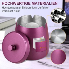 Ashtray with Lid (12 x 10 x 12 cm), Stainless Steel Ashtray for Outdoors, Storm Ashtray as Wind Ashtray, Standing Ashtray with Non-Slip Base for Outdoor and Indoor Use - Rose Red