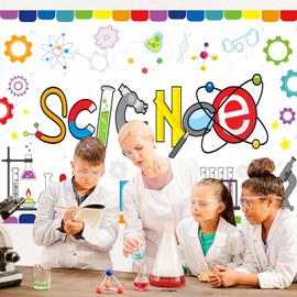 Withu Science Backdrop White Board Cartoon Chemical Equipment Experimental Study Research Subject Scene Photography Background Mad Scientist Birthday Party Decor Poster Banner 6x4ft