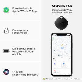 ATUVOS Schlüsselfinder KeyFinder 2er Pack, Smart Tracker Tag Kompatibel mit Apple Wo ist? APP (iOS NUR, Android Nicht unterstützt), Bluetooth Key Finder für Gepäck/Koffer/Taschen, Austauschbarer Akku
