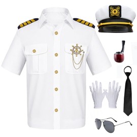 Maazusa Men's Sailor Captain Short-Sleeved Yacht Party Costume, Adult Yacht Accessories Set with Captain Hat Suitable for Theme Parties Carnivals Sailing Yacht Rock Concerts(M)