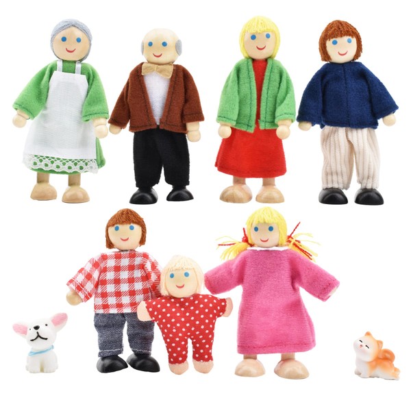 PUCKWAY Casa delle bambole in legno persone con gatto e cane, set di figure di bambole felici per casa delle bambole accessori regalo