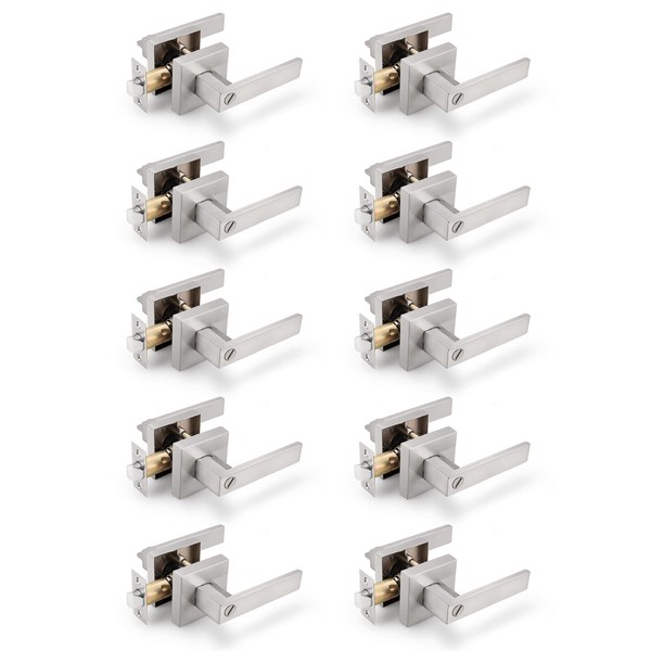 Gobrico 10 Pack Square Satin Nickel Privacy Door Locksets,Interior Door Levers for Bed/Bath,Thumb-Turn Button Inside,Used on Left/Right-Handed Doors