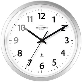 Presentime & Co 10" Atomic Wall Clock, Silent no Ticking, Automatically Sets Itself and Adjust to Daylight Saving Time by WWVB - Faux Stainless Steel Finish. (Home Office)