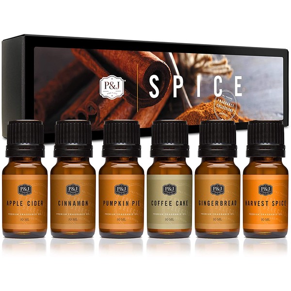 P&J Trading Spice Set of 6 Premium Grade Fragrance Oils - Cinnamon, Harvest Spice, Apple Cider, Coffee Cake, Gingerbread, Pumpkin Pie - 10ml