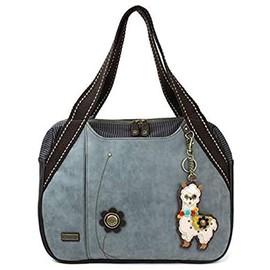 CHALA Handbag Bowling Zip Tote Large Bag Pleather Indigo Blue Llama