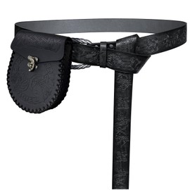 HiiFeuer Viking Fenrir Belt with Embossed Buckle with Nordic Embossed Belt Bag, Vintage Faux Leather Belt and Side Pocket Set for LARP (Black C)