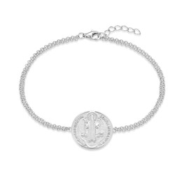 FJ 18MM Saint Benedict Bracelet 925 Sterling Silver, NR Cross Protection Pendant,Round Coin Antiqued Religious Protector Talisman Jewelry