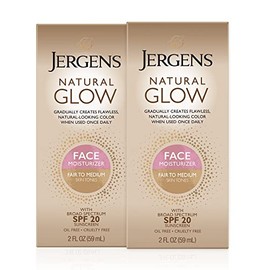 Jergens Natural Glow Self Tanner Face Moisturizer, Fair to Medium Skin Tone, SPF 20 Sunless Tanning, Daily Facial Sunscreen, Oil Free, Broad Spectrum 
