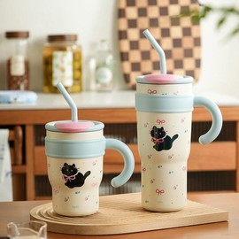 Cute Cat Insulated Straw Cup Stylish Large-Capacity Water Bottle for Hot and Cold Drinks Stainless Steel Bottled Tumbler Portable:_cat_1200ml