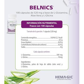 Belnics - Suplemento con L-Glutamina, L-Glicina y Aloe Vera | 100 Cápsulas de 520 mg, Libre de Gluten, Cápsulas Vegetales, Sin OGM