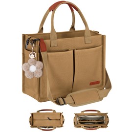 FIORETTO Women's Canvas Tote Bag with Zipper Top, Individual Compartments, Reinforced Bottom, Trolley Sleeve & Adjustable Strap, Doubles as a Crossbody Purse for Work, Travel & Bible, Khaki Brown M