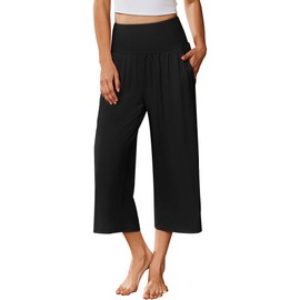 Ekouaer Womens Pajama Pants Wide Leg Capri Yoga Pants Lounge Comfy Sleep Pj Bottoms with Pockets Black S