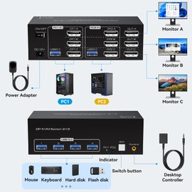 ATLAHET 8K Displayport KVM Switch 3 Monitor 2 Computer 8K 60Hz 4K 120Hz DP KVM Switches Triple Monitor for 2 PC Share 4 USB Ports Support Extended & Copy Display Mode Wired Controller and 12V Adapter
