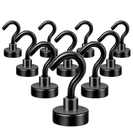 Neosmuk Black Magnetic Hooks, 25 lb+ Heavy Duty Earth Magnets with Hook for Refrigerator, Extra Strong Cruise Hook for Hanging, Magnetic Hanger for Curtain, Grill (Black, Pack of 10)
