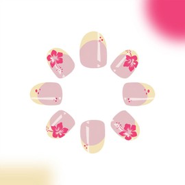 French Tip Press on Nails Short Almond Fake Nails Hawaii Flower Designs False Nails Summer Acrylic Nails Full Cover Glossy Glue on Nails for Women Manicure 24Pcs