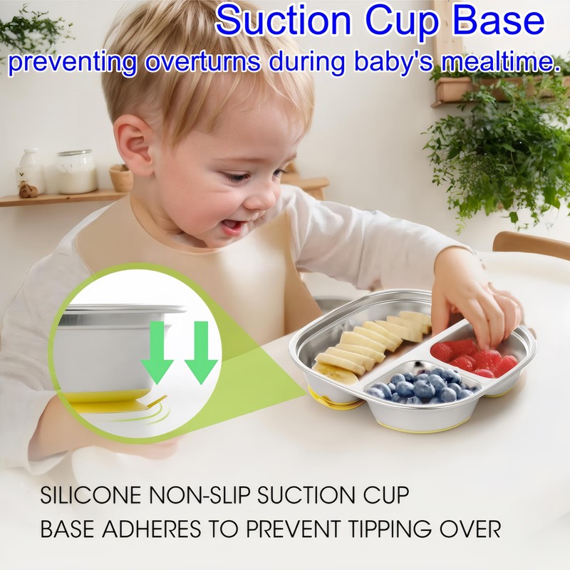 FeBohao Stainless Steel Baby Plate Divided Suction Plate with 3