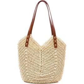 MAMUNU Straw Beach Bag for Women Large Straw Tote Bag with Zipper Retro Summer Woven Bag Travel Handbag, Handmade Boho Casual Straw Shoulder Bags for Beach Pool Vocation