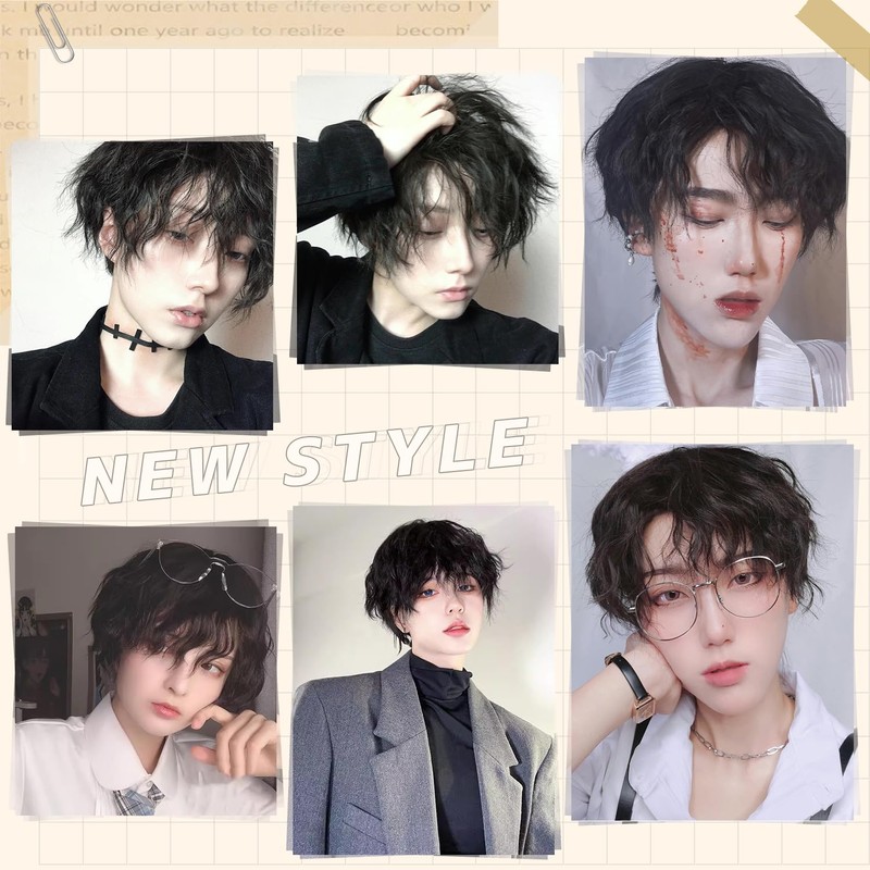 FORCUTEU Men's Wig, Black, Short, Perm, Black Hair, Full Wig,