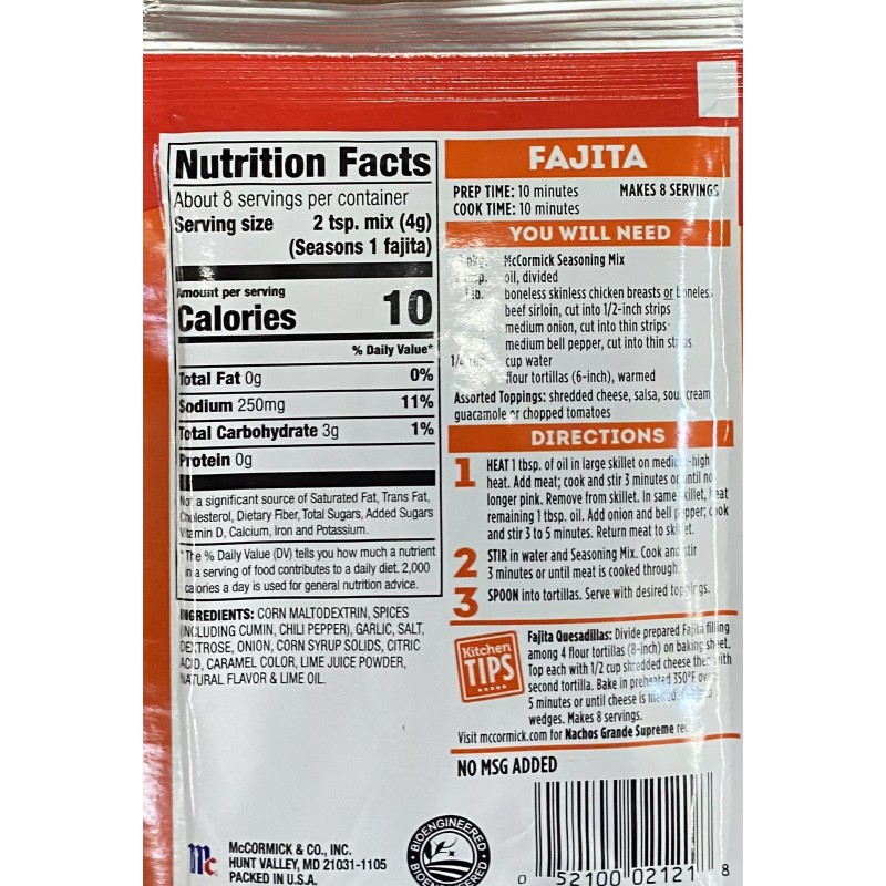McCormick FAJITA Seasoning Sauce Mixes 1.12 oz Packet - 2