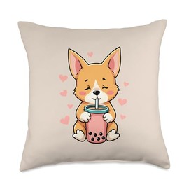 Cute Corgi Drinking Boba Kawaii Dog Lover Throw Pillow