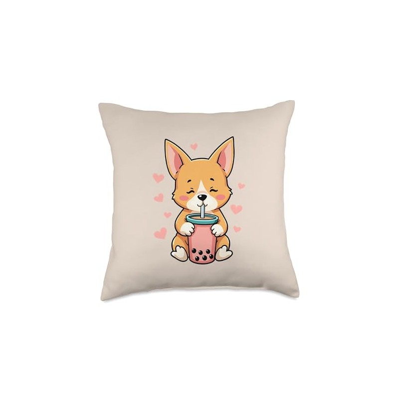Cute Corgi Drinking Boba Kawaii Dog Lover Throw Pillow