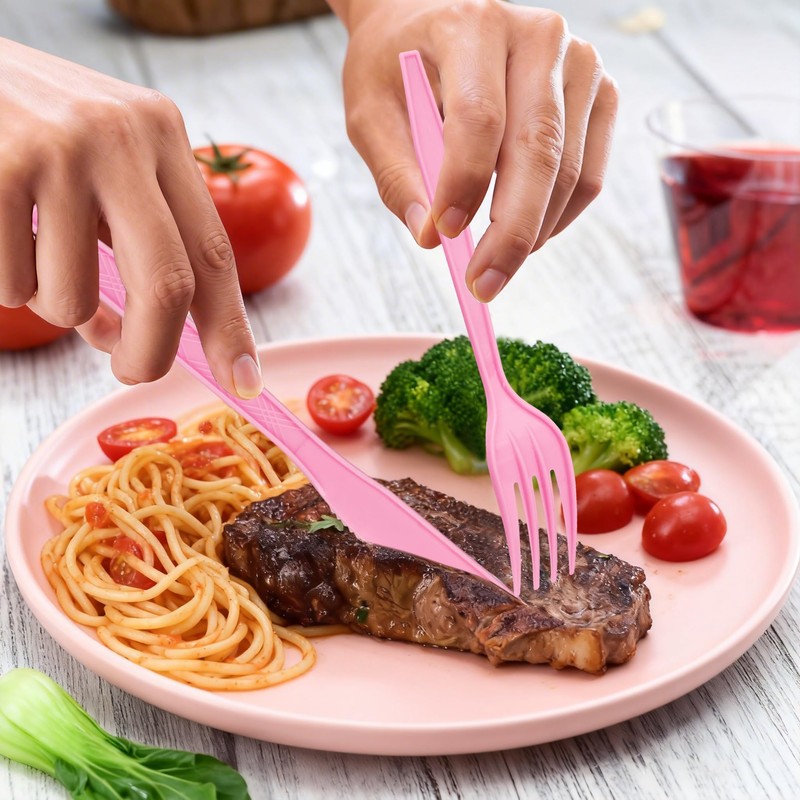 300Pcs Disposable Pink Silverware Set, Plastic Cutlery Set, 100 Forks,