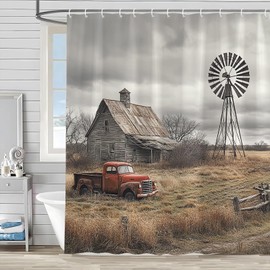 Vintage Farm Truck Shower Curtain Rustic Wooden Barn American Old Antique Car Farmhouse Windmill Western Country Natural Scenery Polyester Bathroom Decor Curtains Set with Hooks 70Wx70H Inch