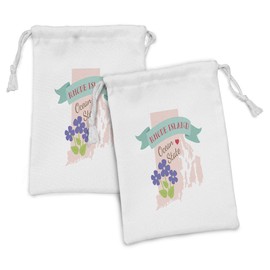 Ambesonne Rhode Island Fabric Pouch Set of 2, Romantic Vintage Style Ocean State Map with Blue Flowers and Heart, Small Drawstring Bag for Toiletries Masks and Favors, 9" x 6", Multicolor