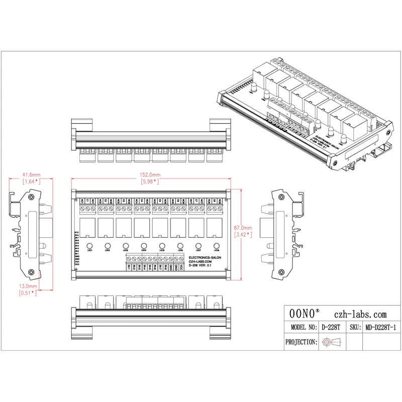 Electronics-Salon DIN Rail Mount 8 SPDT Power Relay Interface Module.