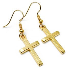 Cross Charm Earrings, Golden Charm Beads on Nickel Free Gold Tone Hooks : 40mm long, Faith Gift for Women, Stylish Plain Design, Christian Drop Earrings