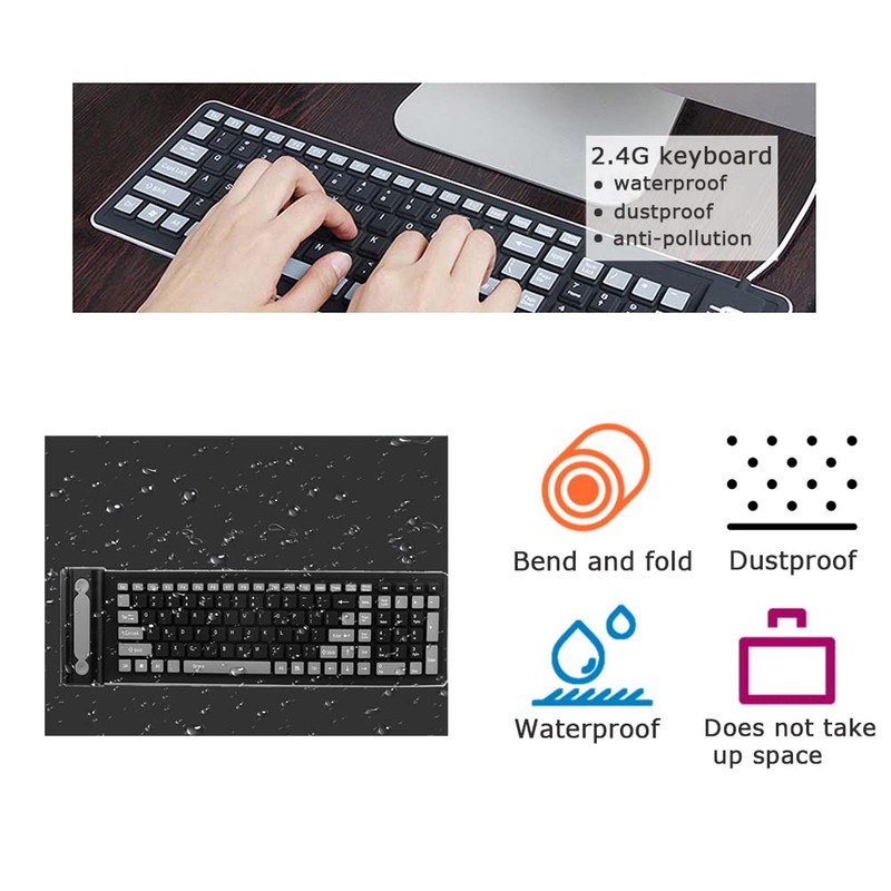 Wireless Silicone Keyboard Foldable Rollup Flexible Keyboard Full Size 107