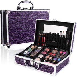 Kit de Maquillaje Completo para Adolescentes y Mujeres, Estuche de Maquillaje tipo Train Case con Set de Cosméticos para Principiantes, Caja de Regalo de Navidad con Sombras de Ojos, Brillo Labial, Iluminador, Rubor, Lápices para Labios y Ojos, Brochas y 