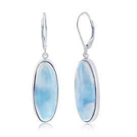 Beaux Bijoux - arete colgantes ovalados de plata de ley con bisel larimar natural