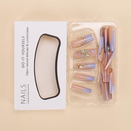 Press on Nails Long Coffin Square Nude Purple 3D Bow Rhinestones French Tip Fake Nails Long with Designs Full Cover False Nails Square French Tip Glue on Nails Cute Acrylic Thick Stick on Nails for Women Nails Art 24Pcs BZ1391