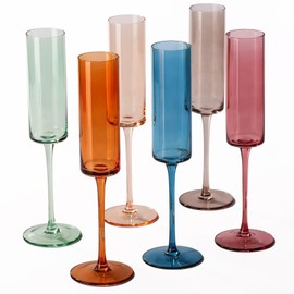 comfit Colored Champagne Flutes Set of 6, 6.5 Oz Hand Blown Crystal Glasses, Lead-Free Colorful Glassware, Muted Vintage Glasses for Champagne, Cocktail-Elegant Gift Box for Wedding,Birthday Gifts