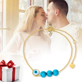 Silwan 14K Solid Gold Evil Eye Bracelet with Turquoises for Women,14kt Yellow Gold Blue Evil Eye Good Luck Protection Bracelets Fine Jewelry Gifts for Her,6.5+1+1 inch