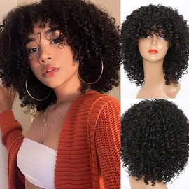 Afro Curly Wig with Bangs Short Kinky Curly Wig For Black Women Synthetic Natural Looking Premium Afro Kinky Curly Wigs 180% Density (#1B)