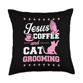Cute Pet Cat Groomer Merch and Accessories Jesus Coffee Grooming Funny Christian Cat Groomer Throw Pillow, 18x18, Multicolor