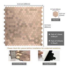 Copper Peel and Stick Backsplash, Self Adhesive Mini Hexagon Backsplash Aluminum Mosaic Tile for Kitchen Bathroom (6 Sheets)