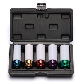 MIXPOWER 5 Pieces 1/2" Drive Wheel Protector Impact Socket Set, CR-MO, Metric/SAE, Thin Wall Deep Impact Socket Set, 6 Point, Color-Coded, 17mm, 19mm, 21mm, 13/16", 7/8"