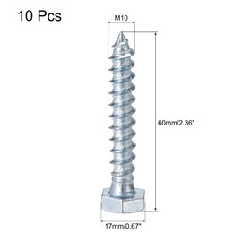 sourcing map Hex Lag Screws, M10 x 60mm Carbon Steel Zinc Plated Full Thread Self-Tapping Bolts for Wood Screw 10Pcs
