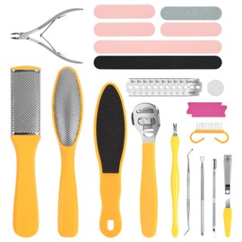 Alaoo Hornhauthobel Edelstahl, 30 in 1 Professionelle Pediküre Fußpflege Set, Fußschaber Rasierer, Abgestorbener Hautentferner mit 10 Ersatzklingen für Fußpflege Pediküre (Gelb)
