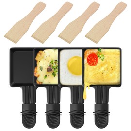 ipow 4er Set Quadratische Raclette-Pfännchen mit Schwarzen Griffen + Holzspatel – Antihaftbeschichtung, 18,35x9,23 cm, Universal für Elektrogrills