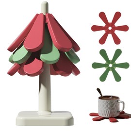 Trivets for Hot Dishes,Silicone Tree Coasters for Christmas Decor,Trivet for Hot Dishes Set, Christmas Tabletop Decoration - 3 Silicone Trivets & 1 Stand