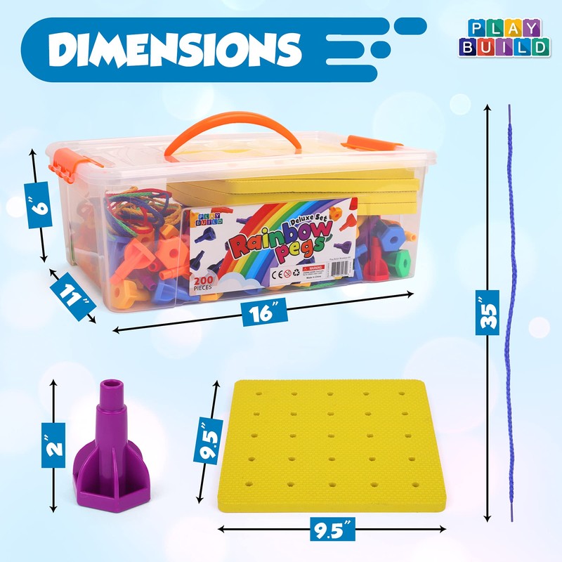 Play Build Rainbow Pegs and Board Deluxe 200pc Set, Montessori