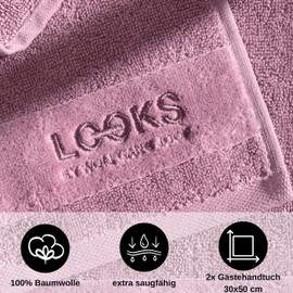 LOOKS By Wolfgang Joop 2 x Guest Towels, 30 x 50 cm, 100% Cotton, Guest Towels with Hanger and Logo Embroidery, Dusky Pink