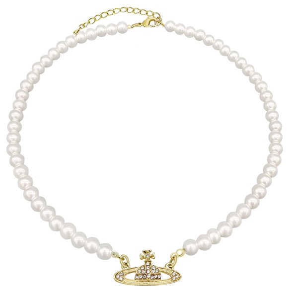 YuSaug Women's Pearl Necklace Saturn, Pearl Planet Necklace, Silver Saturn